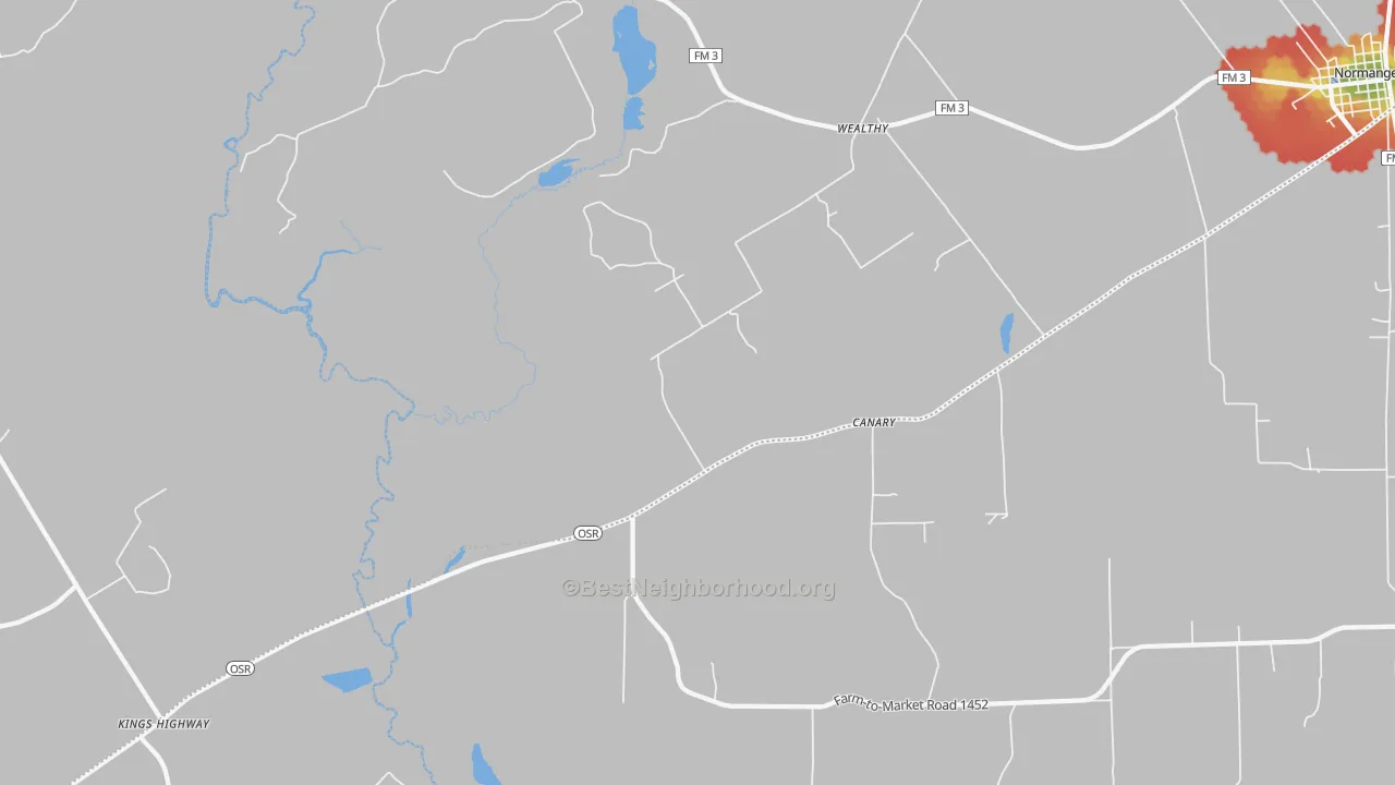 Walk Grade map of Wealthy, TX, walkable areas in green and car-dependent areas in red