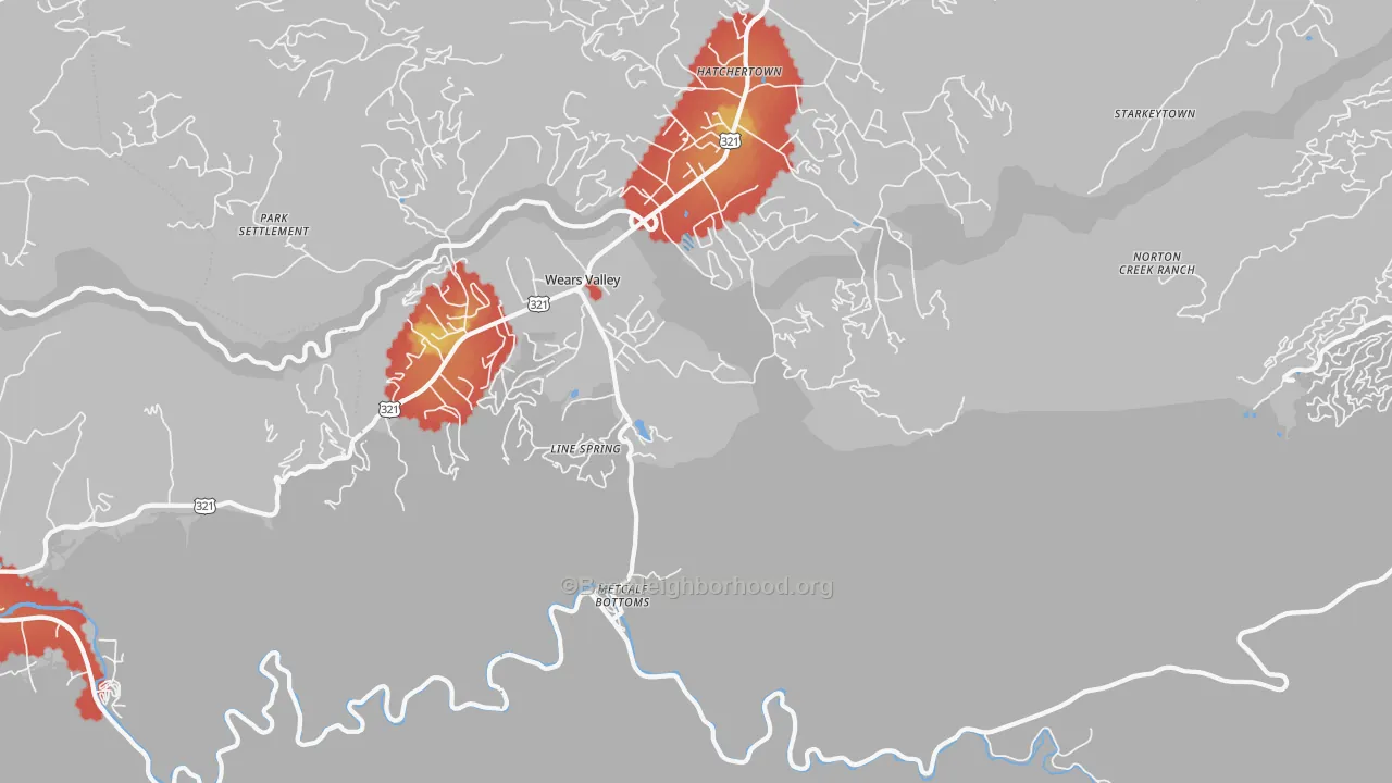 Walk Grade map of Wear Valley, TN, walkable areas in green and car-dependent areas in red