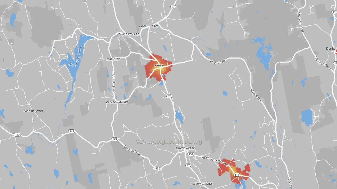 Walk Grade map of Weare, NH, walkable areas in green and car-dependent areas in red