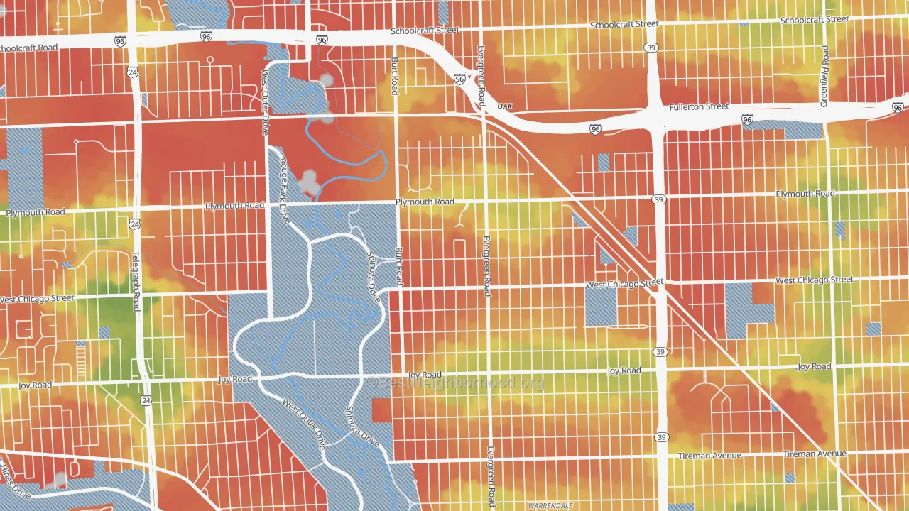 Walk Grade map of Weatherby, Detroit, MI, walkable areas in green and car-dependent areas in red
