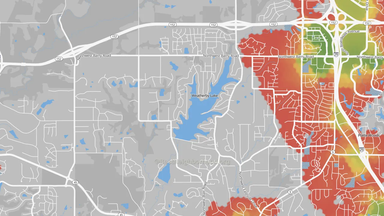 Walk Grade map of Weatherby Lake, MO, walkable areas in green and car-dependent areas in red