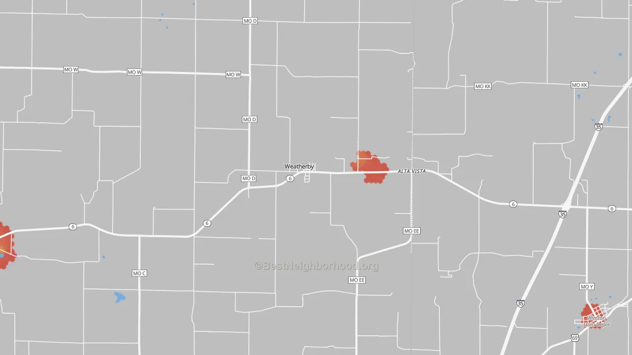 Walk Grade map of Weatherby, MO, walkable areas in green and car-dependent areas in red