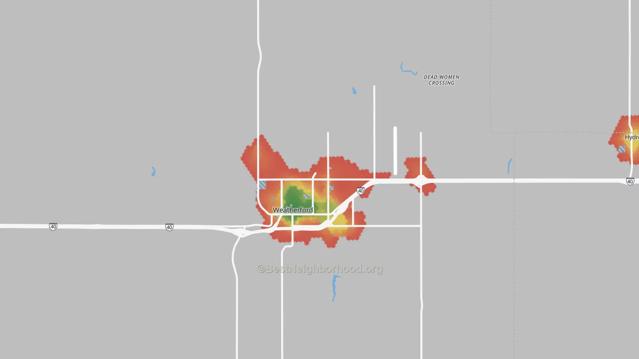 Walk Grade map of Weatherford, OK, walkable areas in green and car-dependent areas in red