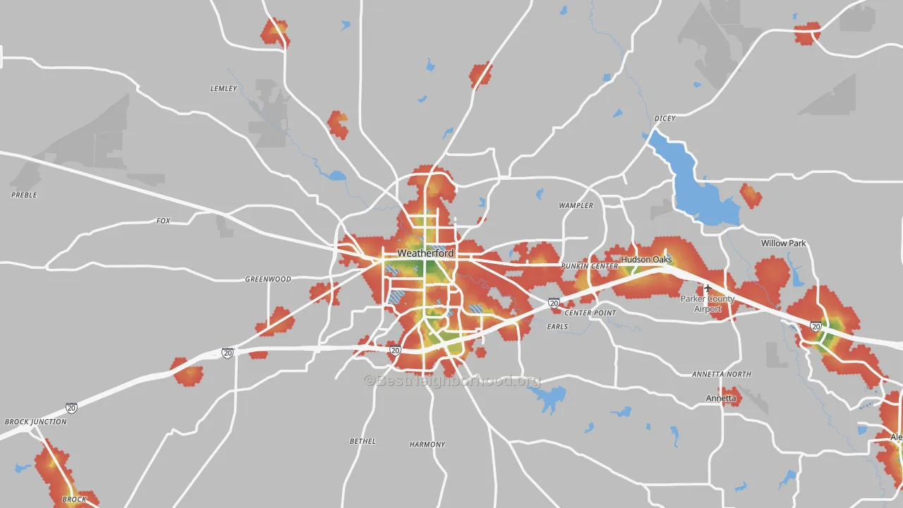 Walk Grade map of Weatherford, TX, walkable areas in green and car-dependent areas in red
