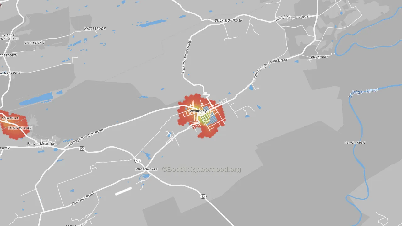 Walk Grade map of Weatherly, PA, walkable areas in green and car-dependent areas in red