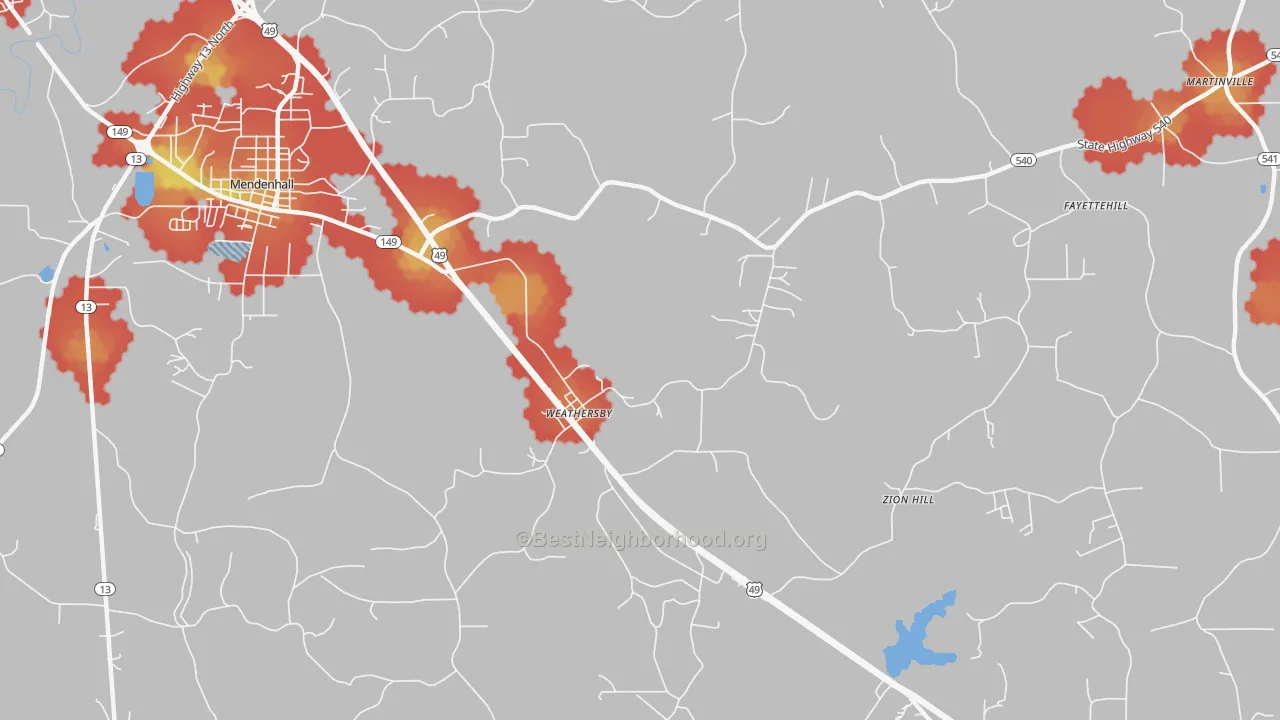Walk Grade map of Weathersby, MS, walkable areas in green and car-dependent areas in red