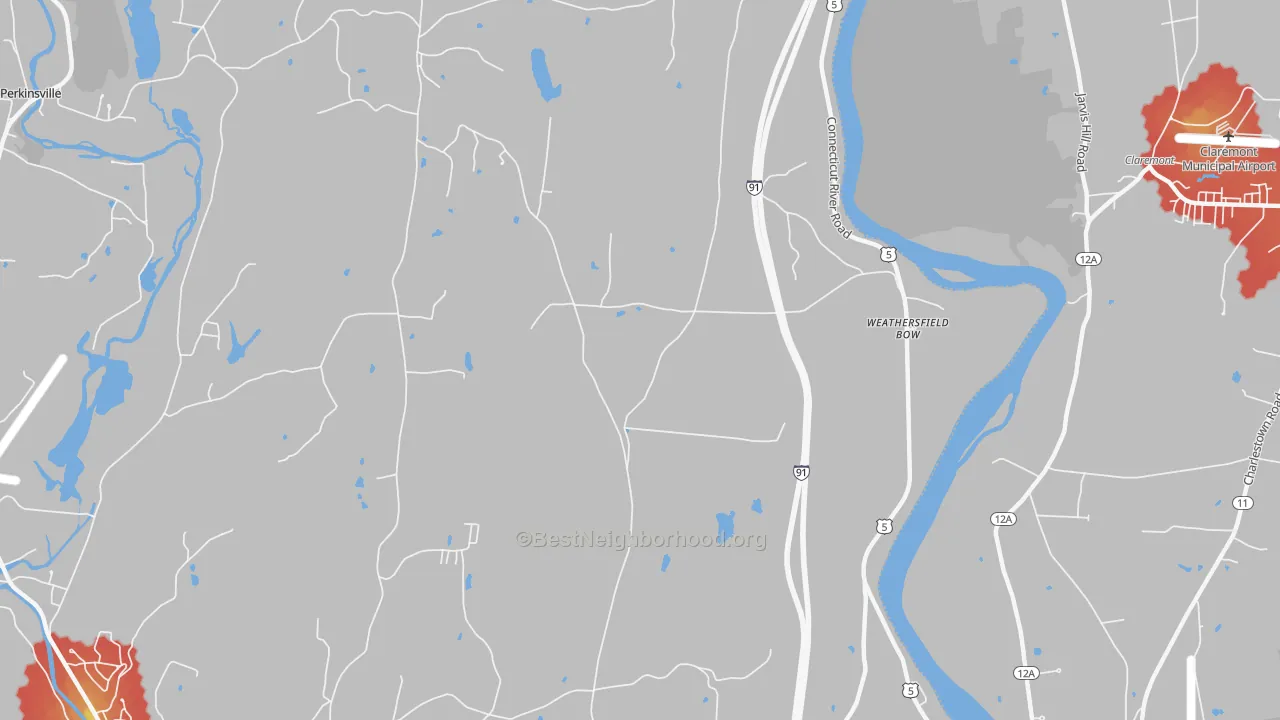 Walk Grade map of Weathersfield Bow, VT, walkable areas in green and car-dependent areas in red