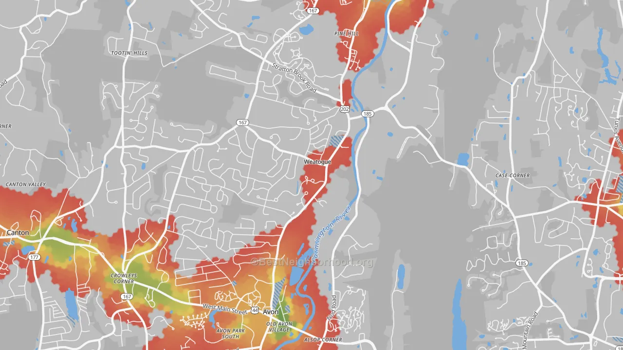 Walk Grade map of Weatogue, CT, walkable areas in green and car-dependent areas in red