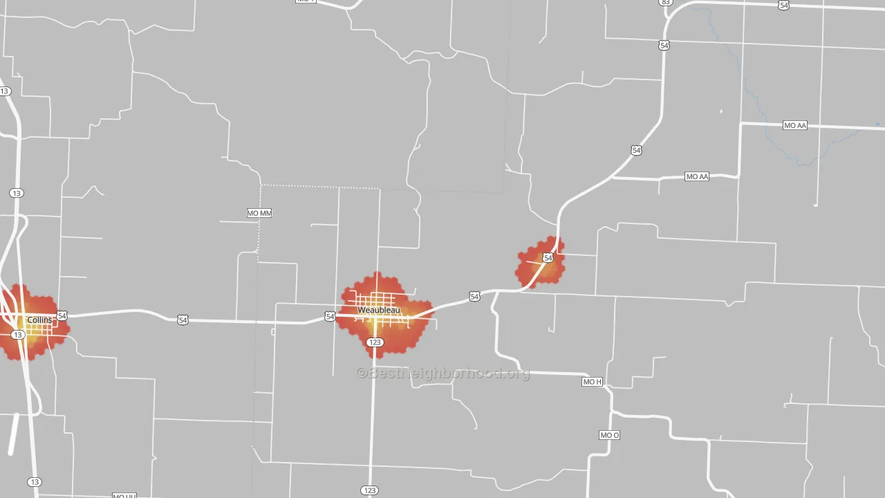 Walk Grade map of Weaubleau, MO, walkable areas in green and car-dependent areas in red