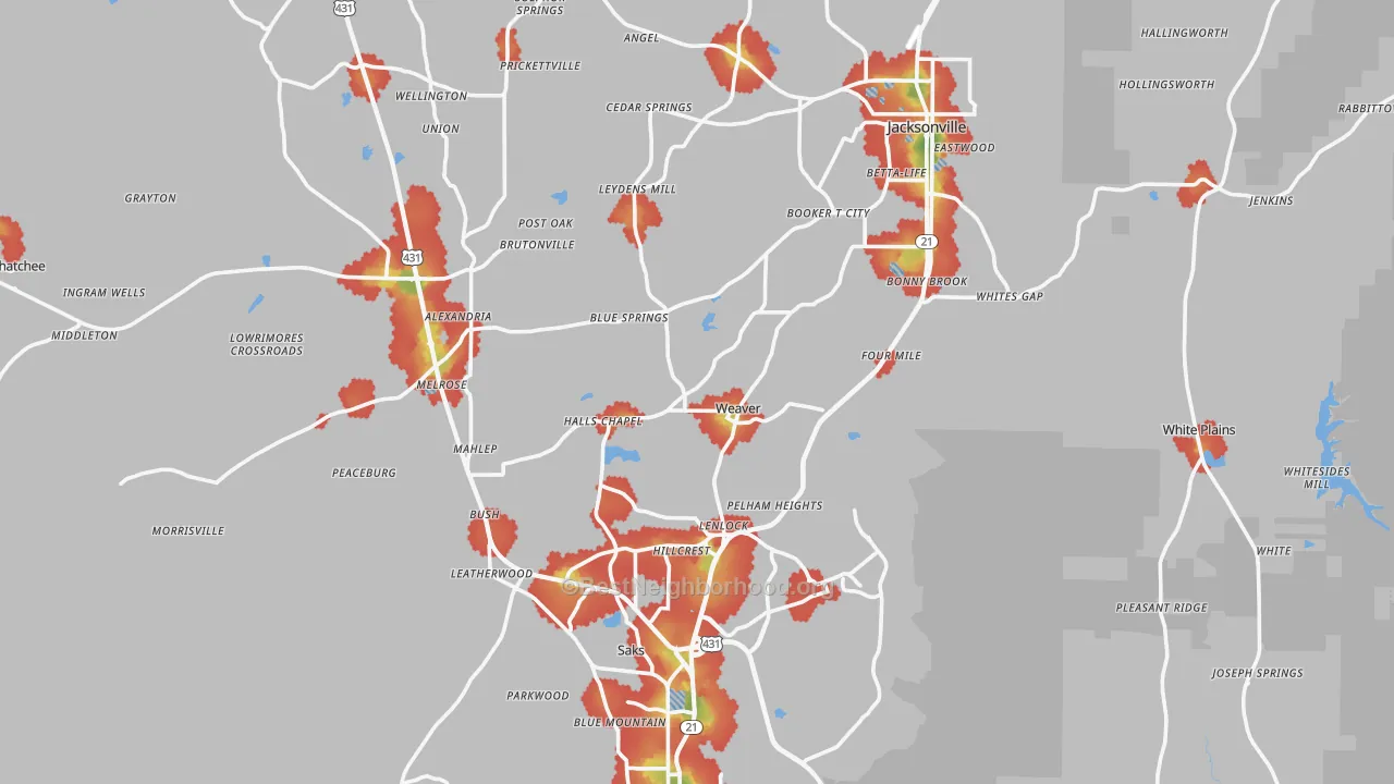 Walk Grade map of Weaver, AL, walkable areas in green and car-dependent areas in red