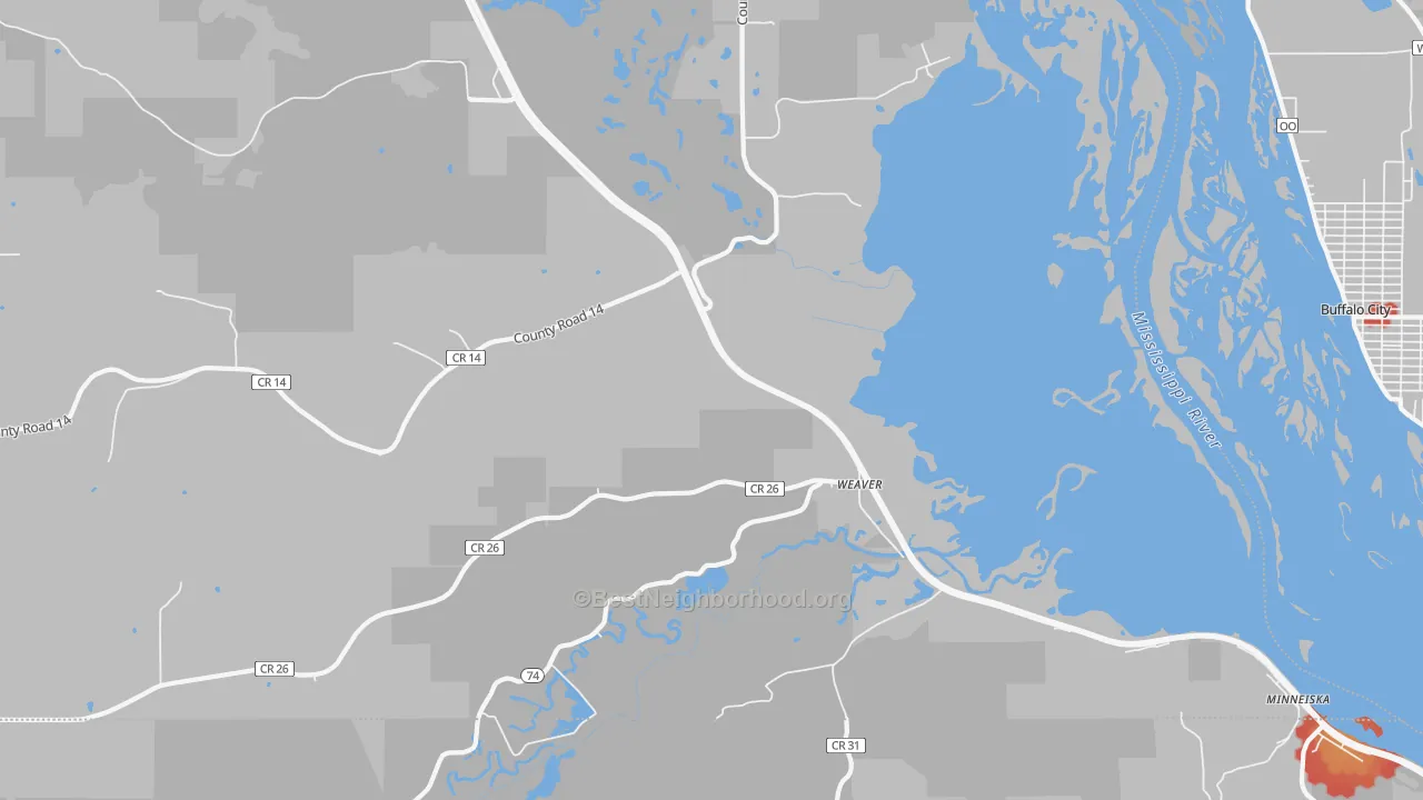 Walk Grade map of Weaver, MN, walkable areas in green and car-dependent areas in red