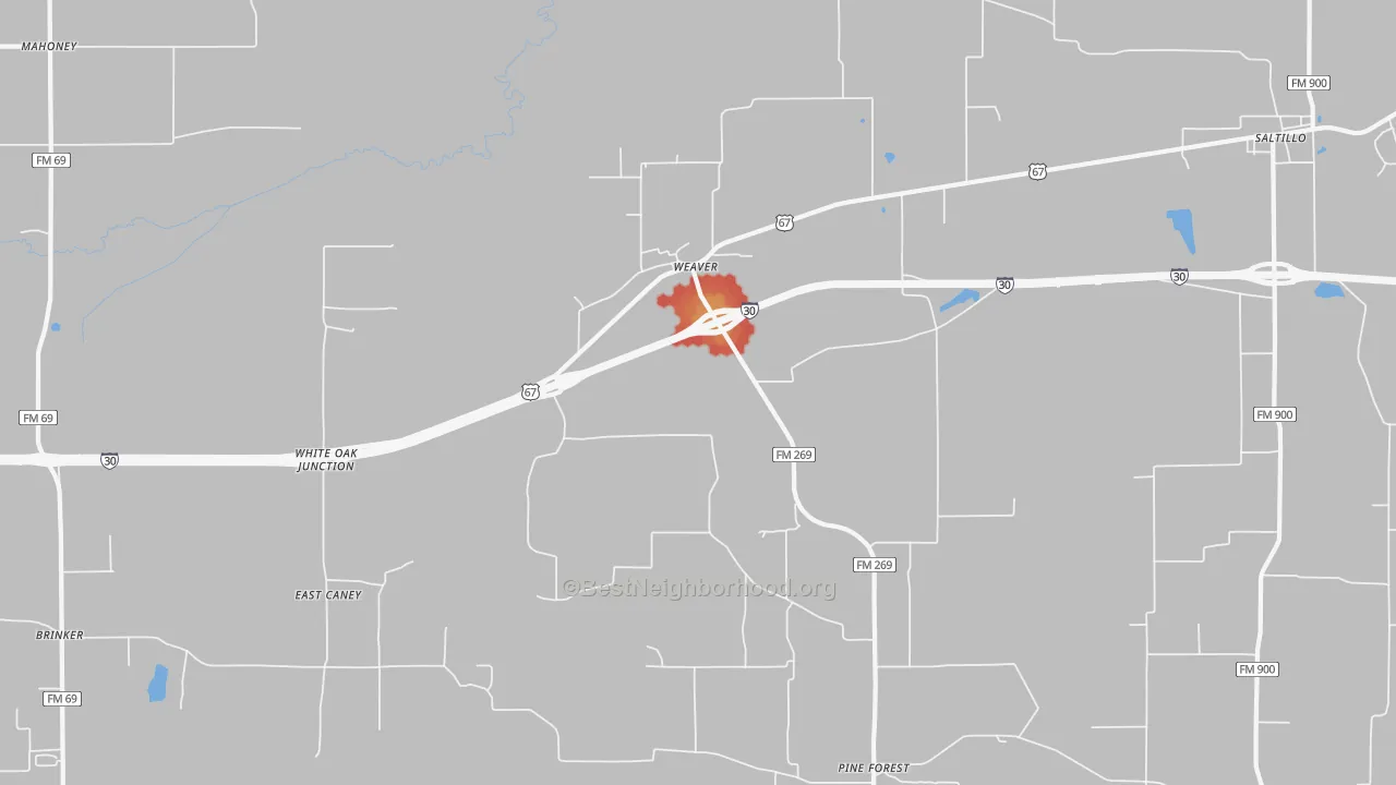 Walk Grade map of Weaver, TX, walkable areas in green and car-dependent areas in red