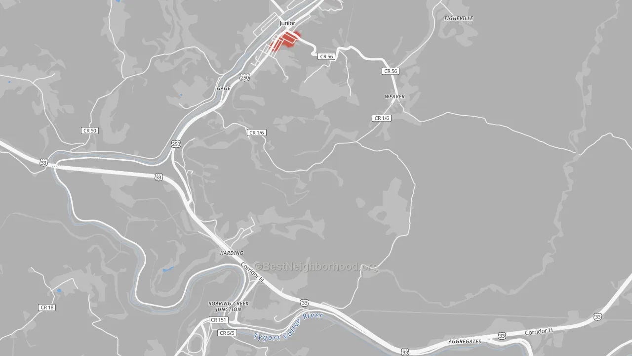 Walk Grade map of Weaver, WV, walkable areas in green and car-dependent areas in red