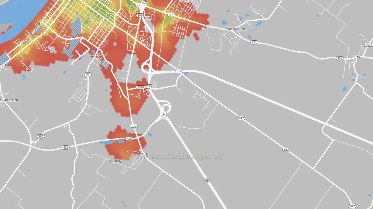 Walk Grade map of Weaverton, KY, walkable areas in green and car-dependent areas in red