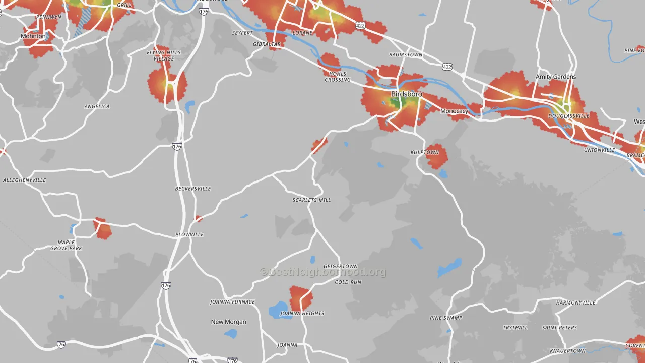 Walk Grade map of Weavertown, PA, walkable areas in green and car-dependent areas in red