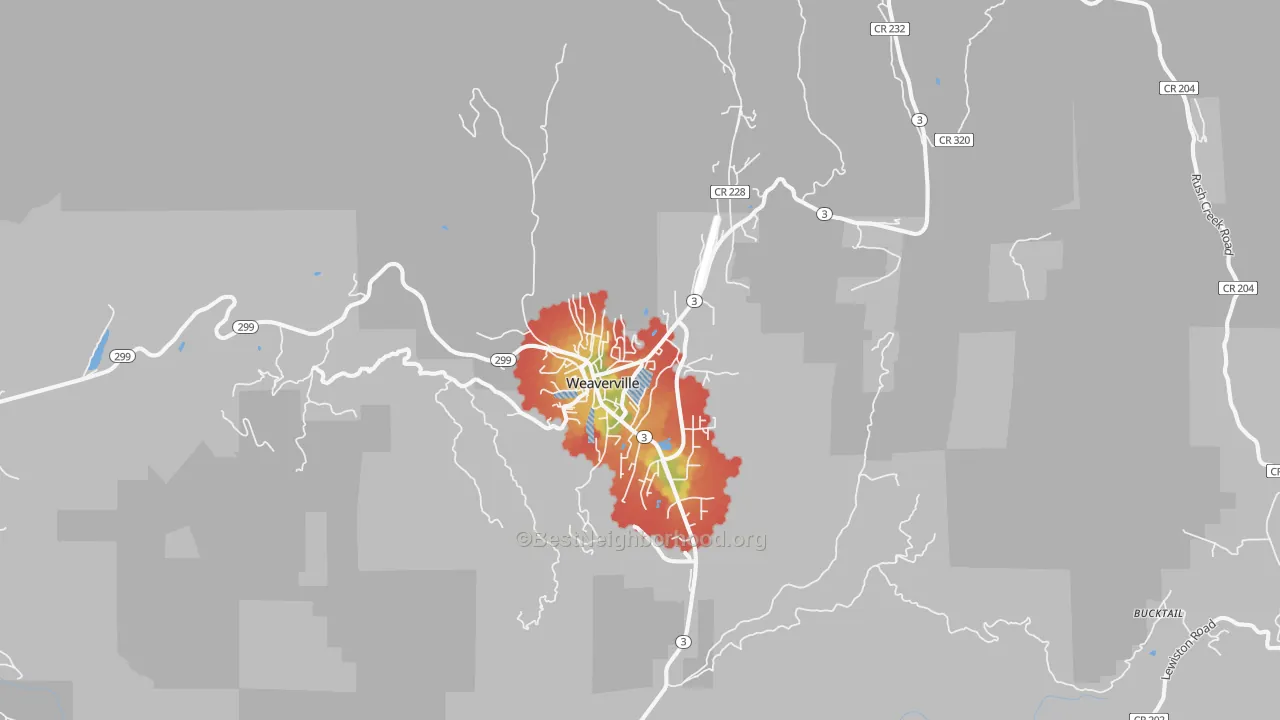 Walk Grade map of Weaverville, CA, walkable areas in green and car-dependent areas in red