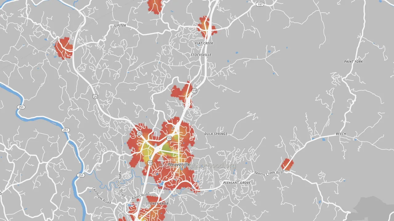 Walk Grade map of Weaverville, NC, walkable areas in green and car-dependent areas in red