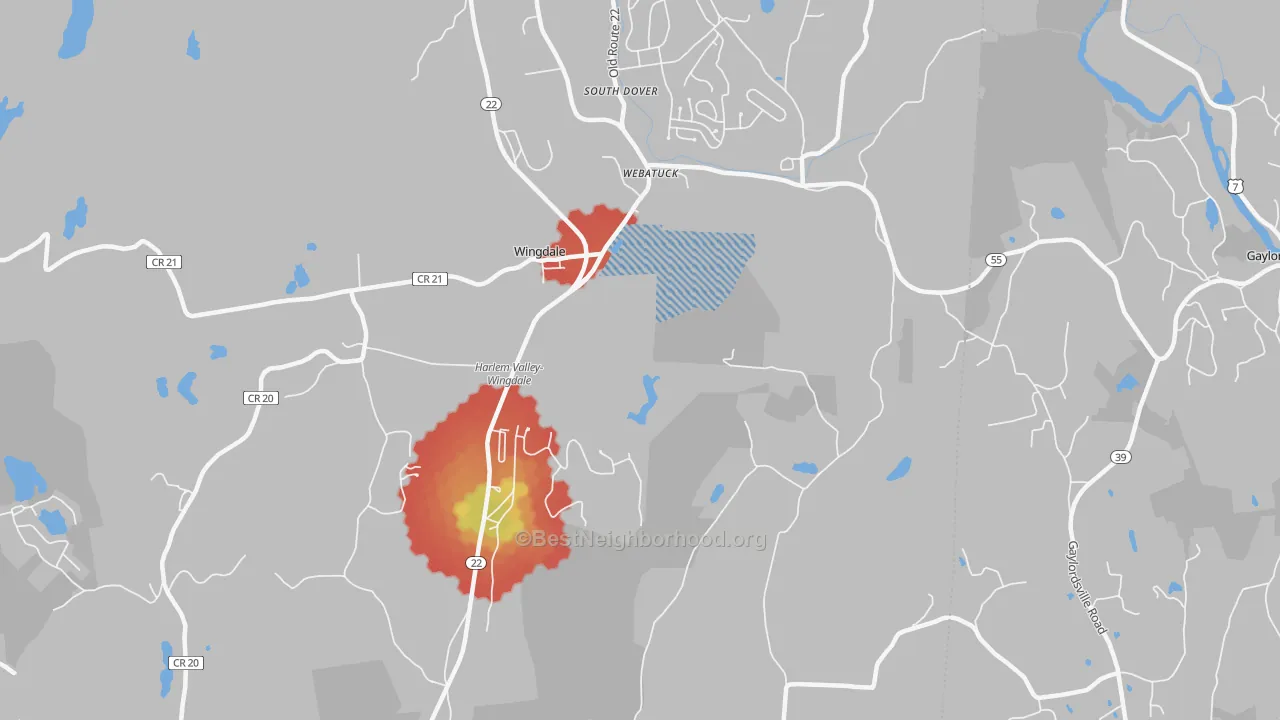 Walk Grade map of Webatuck, NY, walkable areas in green and car-dependent areas in red