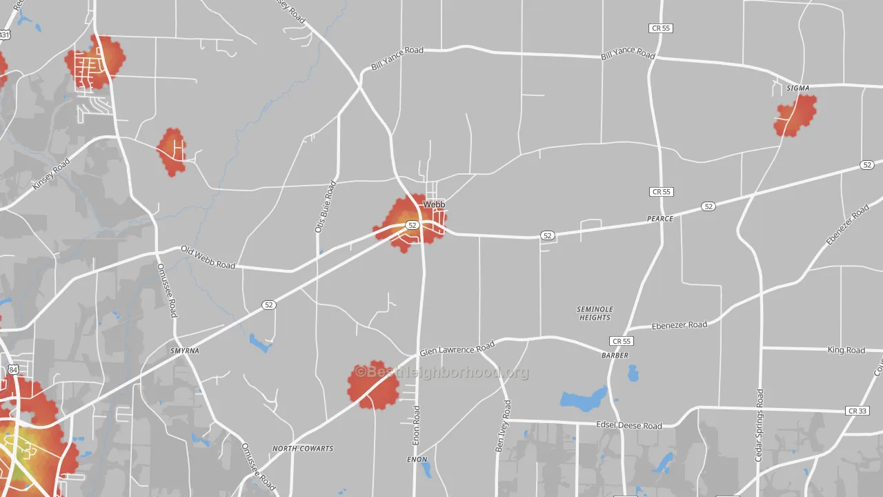Walk Grade map of Webb, AL, walkable areas in green and car-dependent areas in red