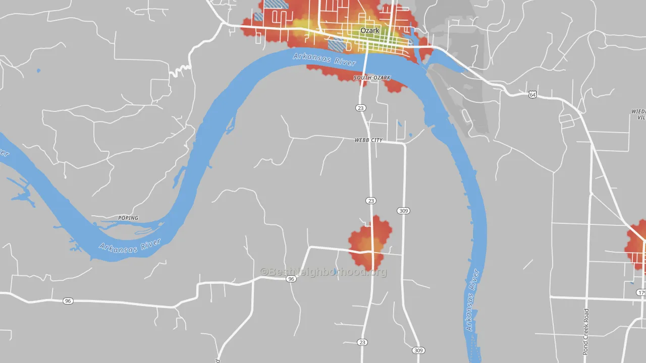 Walk Grade map of Webb City, AR, walkable areas in green and car-dependent areas in red