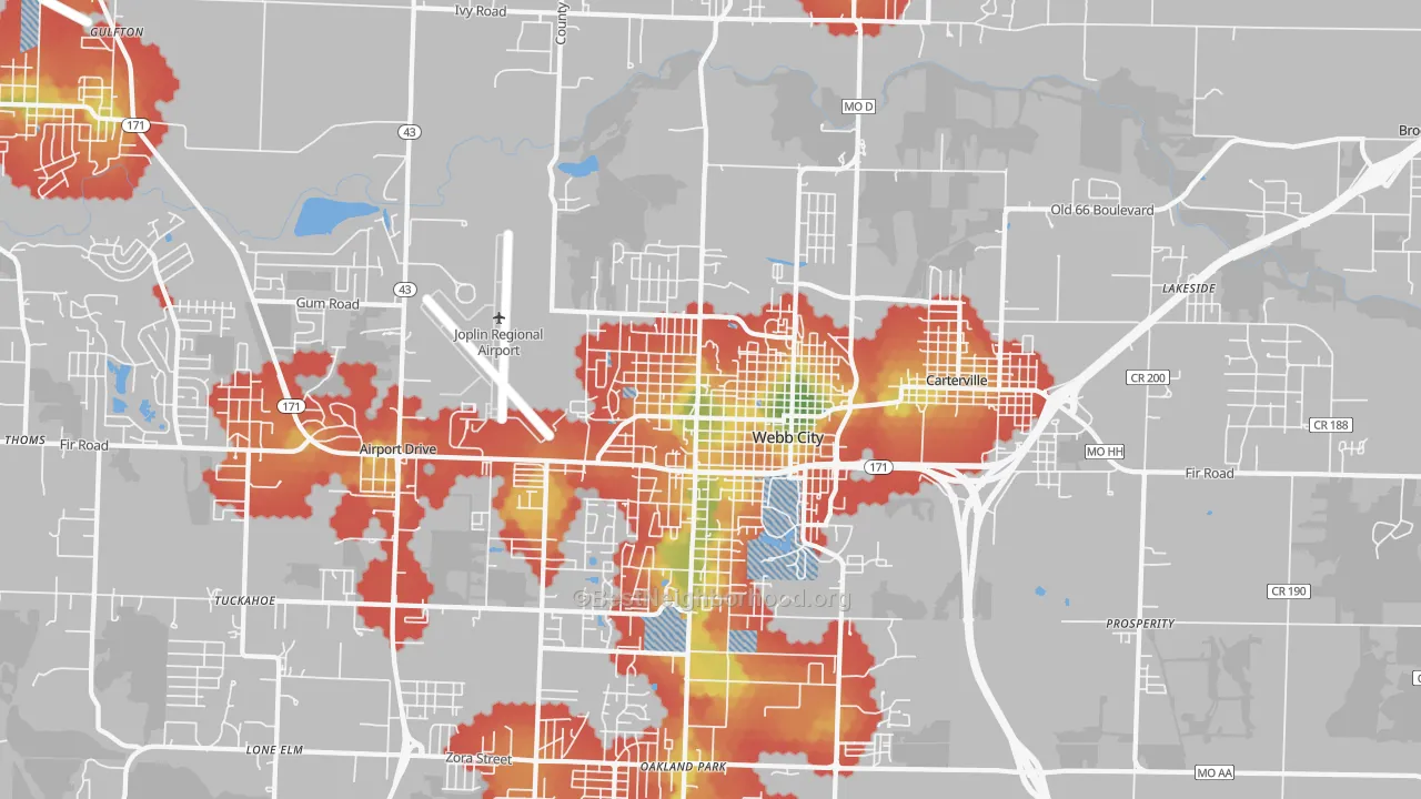 Walk Grade map of Webb City, MO, walkable areas in green and car-dependent areas in red