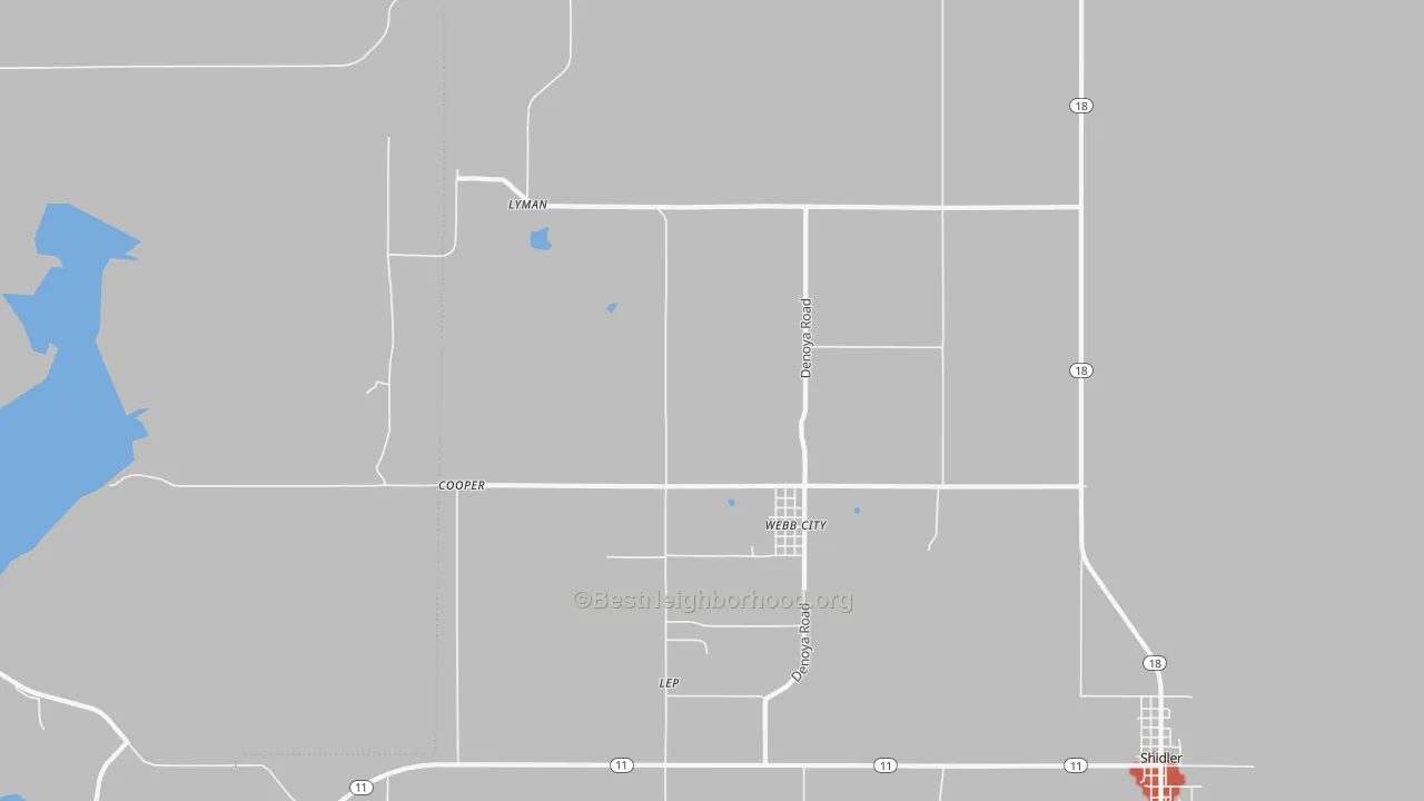 Walk Grade map of Webb City, OK, walkable areas in green and car-dependent areas in red