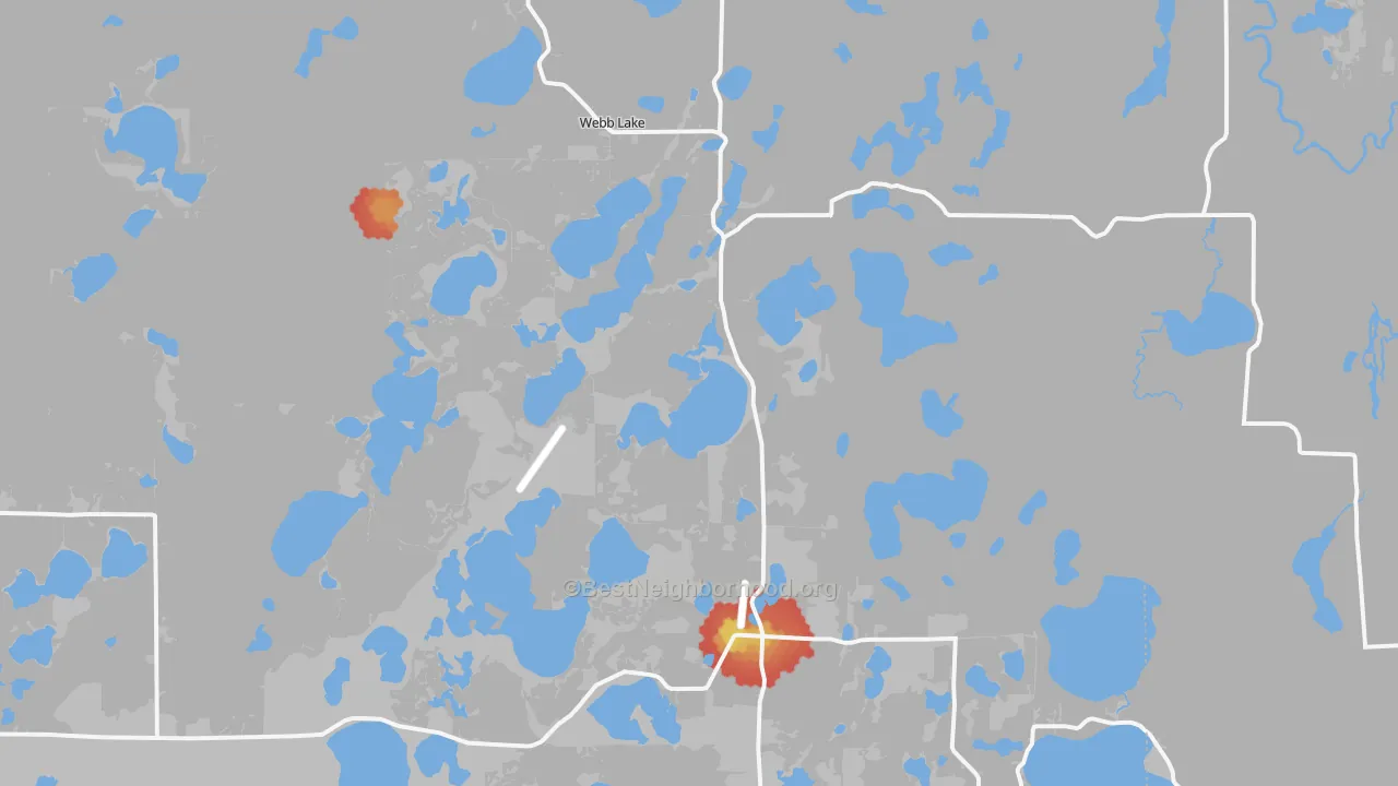Walk Grade map of Webb Lake, WI, walkable areas in green and car-dependent areas in red