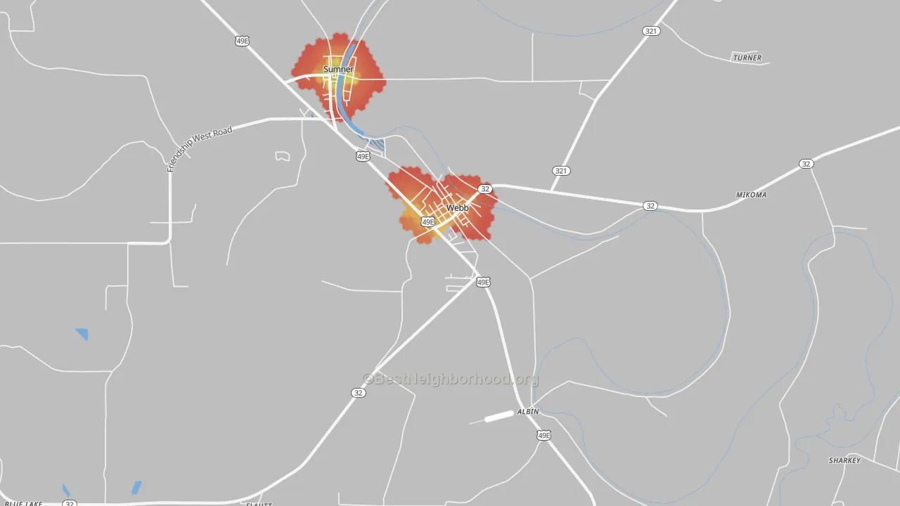 Walk Grade map of Webb, MS, walkable areas in green and car-dependent areas in red