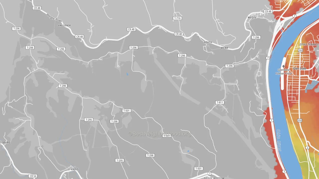 Walk Grade map of Webb, OH, walkable areas in green and car-dependent areas in red