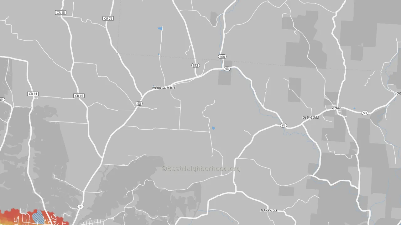 Walk Grade map of Webb Summit, OH, walkable areas in green and car-dependent areas in red