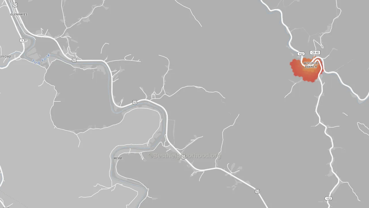 Walk Grade map of Webb, WV, walkable areas in green and car-dependent areas in red