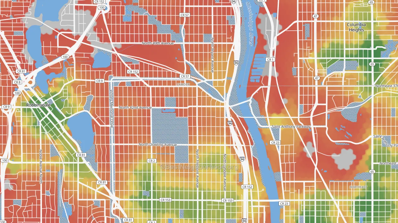 Walk Grade map of Webber-Camden, Minneapolis, MN, walkable areas in green and car-dependent areas in red