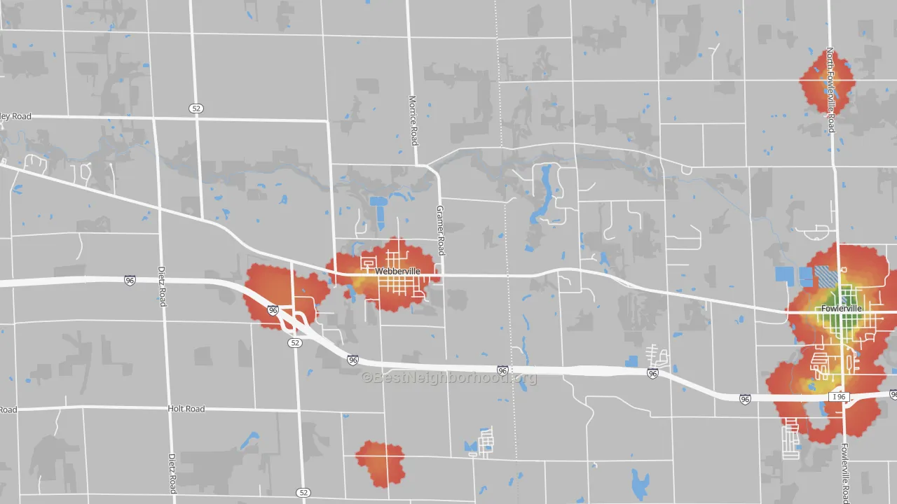 Walk Grade map of Webberville, MI, walkable areas in green and car-dependent areas in red
