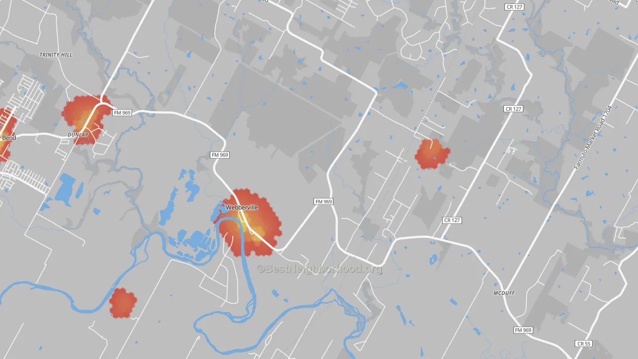 Walk Grade map of Webberville, TX, walkable areas in green and car-dependent areas in red