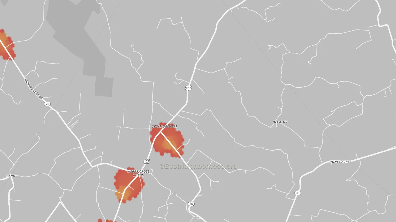 Walk Grade map of Webbs Cross Roads, KY, walkable areas in green and car-dependent areas in red