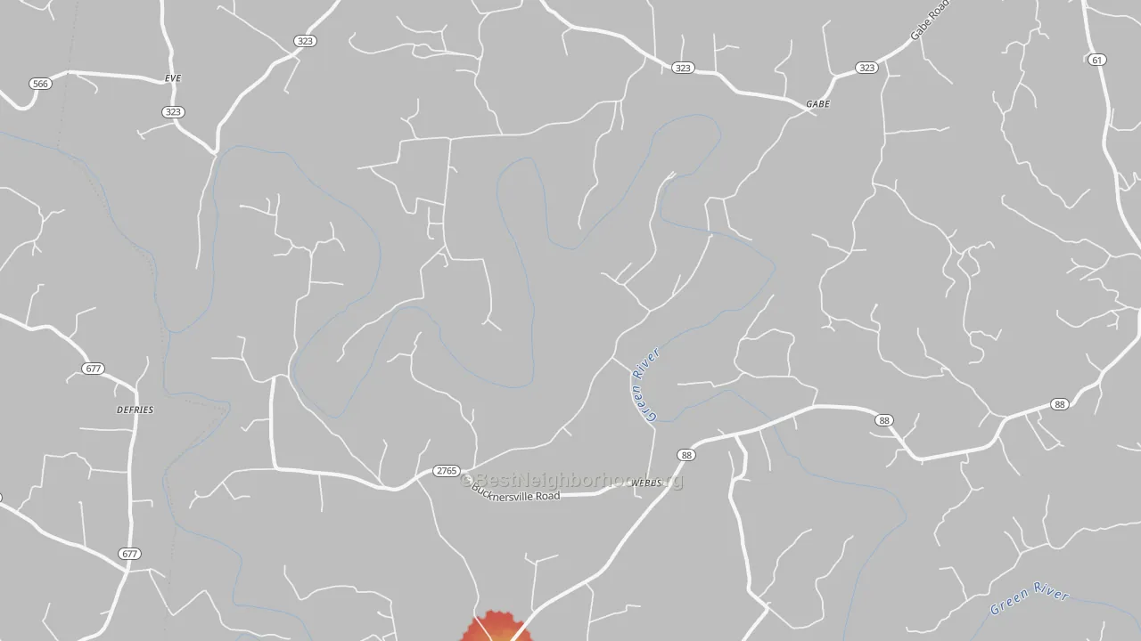 Walk Grade map of Webbs, KY, walkable areas in green and car-dependent areas in red