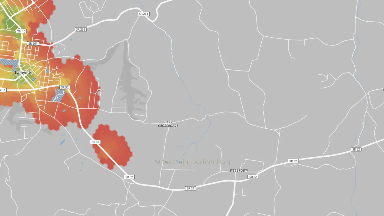 Walk Grade map of Webbtown, TN, walkable areas in green and car-dependent areas in red