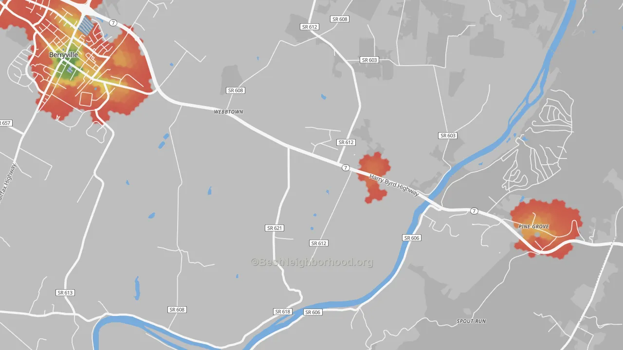 Walk Grade map of Webbtown, VA, walkable areas in green and car-dependent areas in red