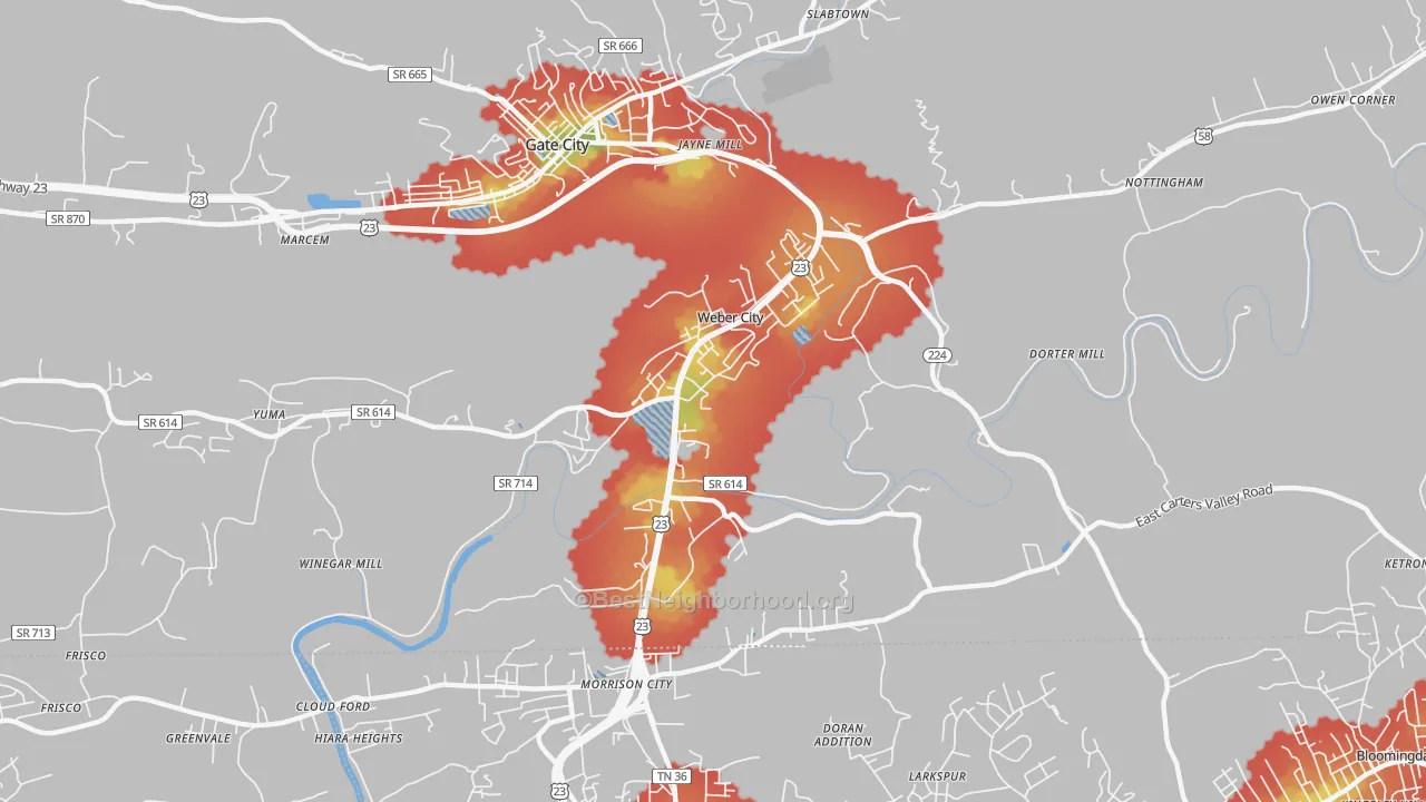 Walk Grade map of Weber City, VA, walkable areas in green and car-dependent areas in red