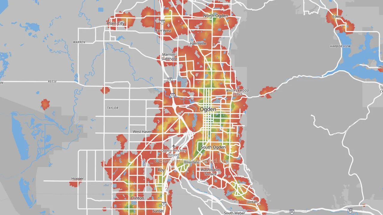 Walk Grade map of Weber County, UT, walkable areas in green and car-dependent areas in red