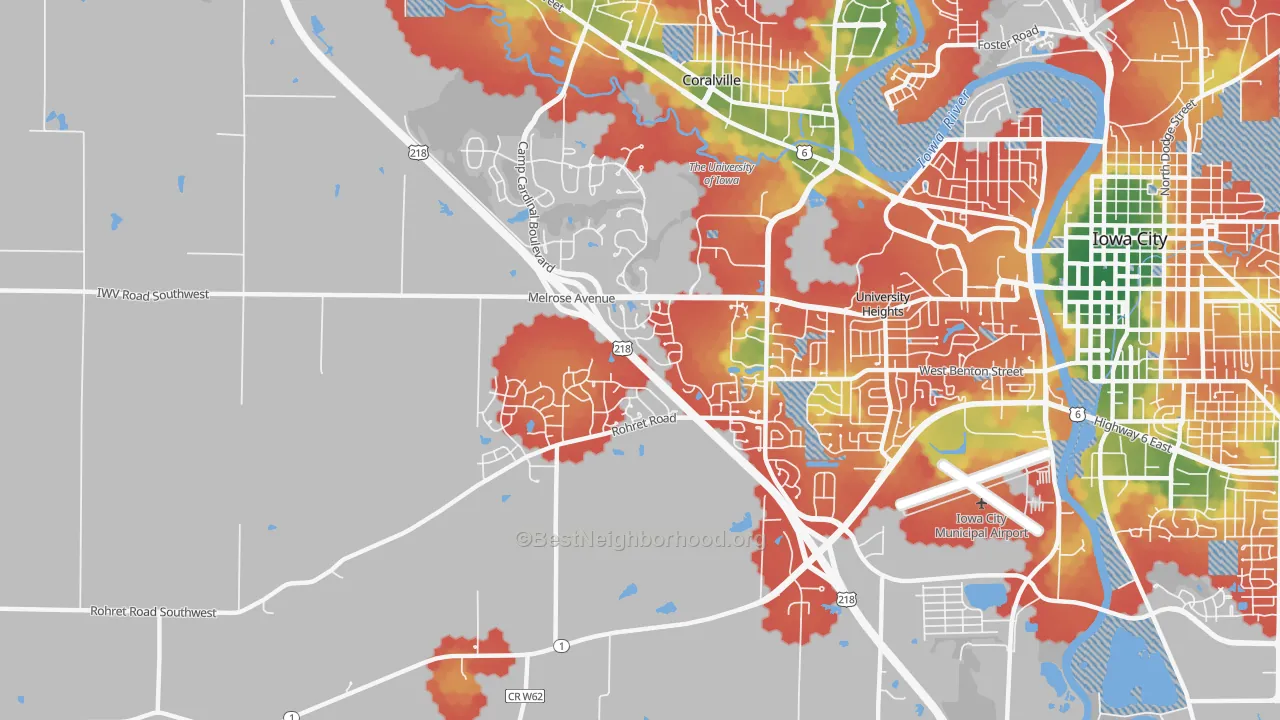 Walk Grade map of Weber, Iowa City, IA, walkable areas in green and car-dependent areas in red