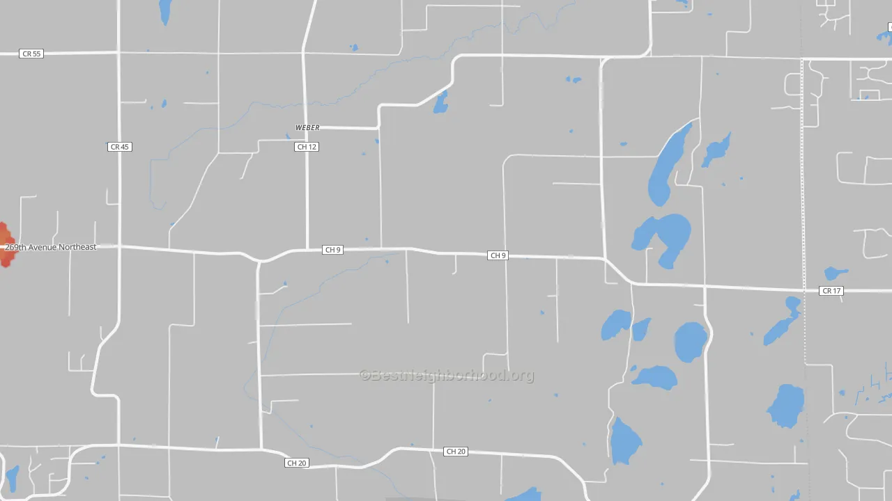 Walk Grade map of Weber, MN, walkable areas in green and car-dependent areas in red