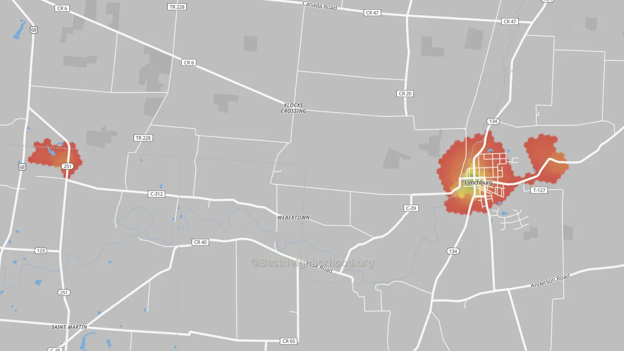Walk Grade map of Webertown, OH, walkable areas in green and car-dependent areas in red