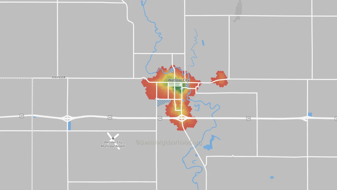 Walk Grade map of Webster City, IA, walkable areas in green and car-dependent areas in red