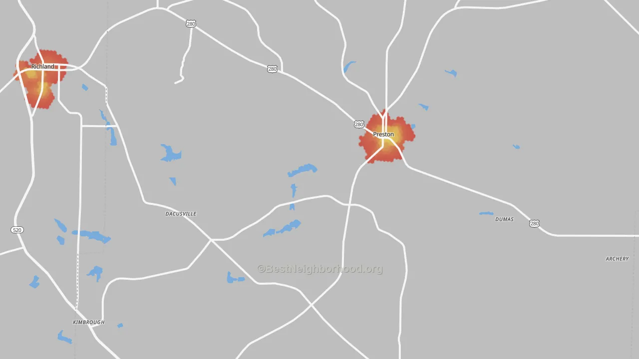 Walk Grade map of Webster County, GA, walkable areas in green and car-dependent areas in red