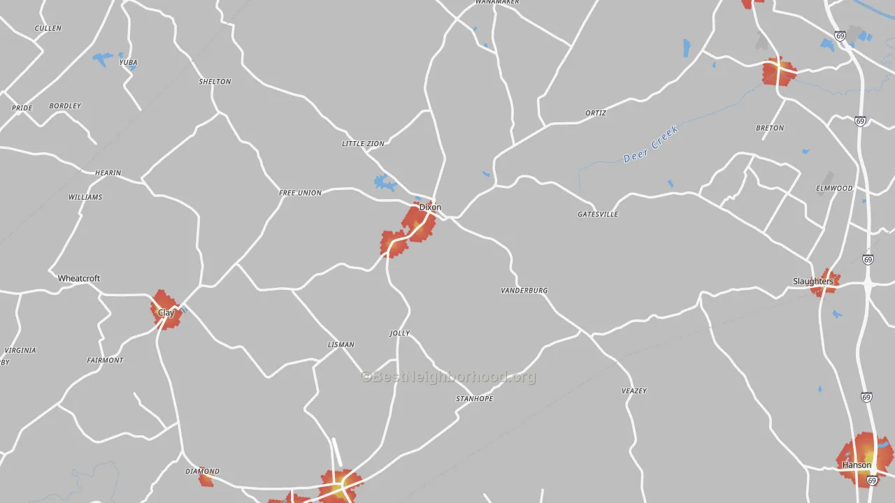 Walk Grade map of Webster County, KY, walkable areas in green and car-dependent areas in red