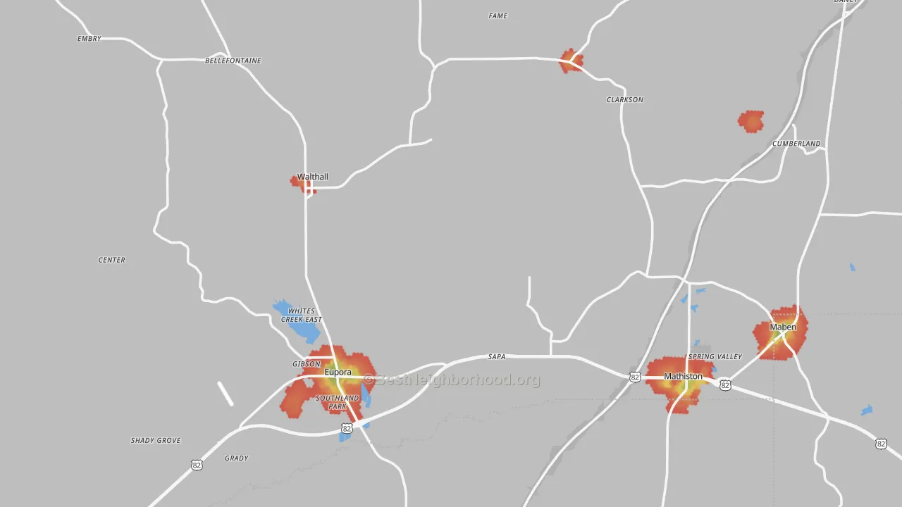 Walk Grade map of Webster County, MS, walkable areas in green and car-dependent areas in red