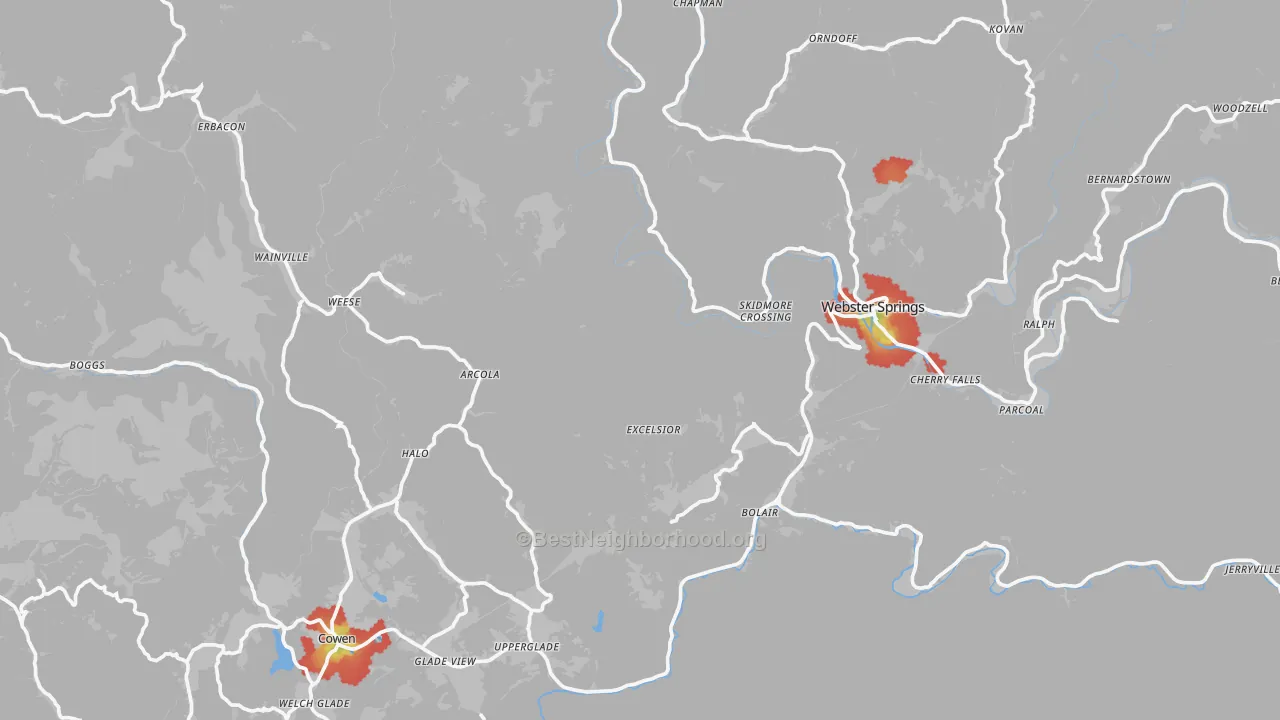 Walk Grade map of Webster County, WV, walkable areas in green and car-dependent areas in red