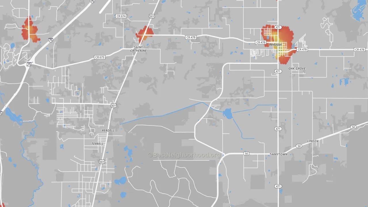 Walk Grade map of Webster, FL, walkable areas in green and car-dependent areas in red