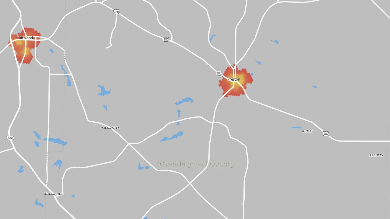 Walk Grade map of Webster, GA, walkable areas in green and car-dependent areas in red